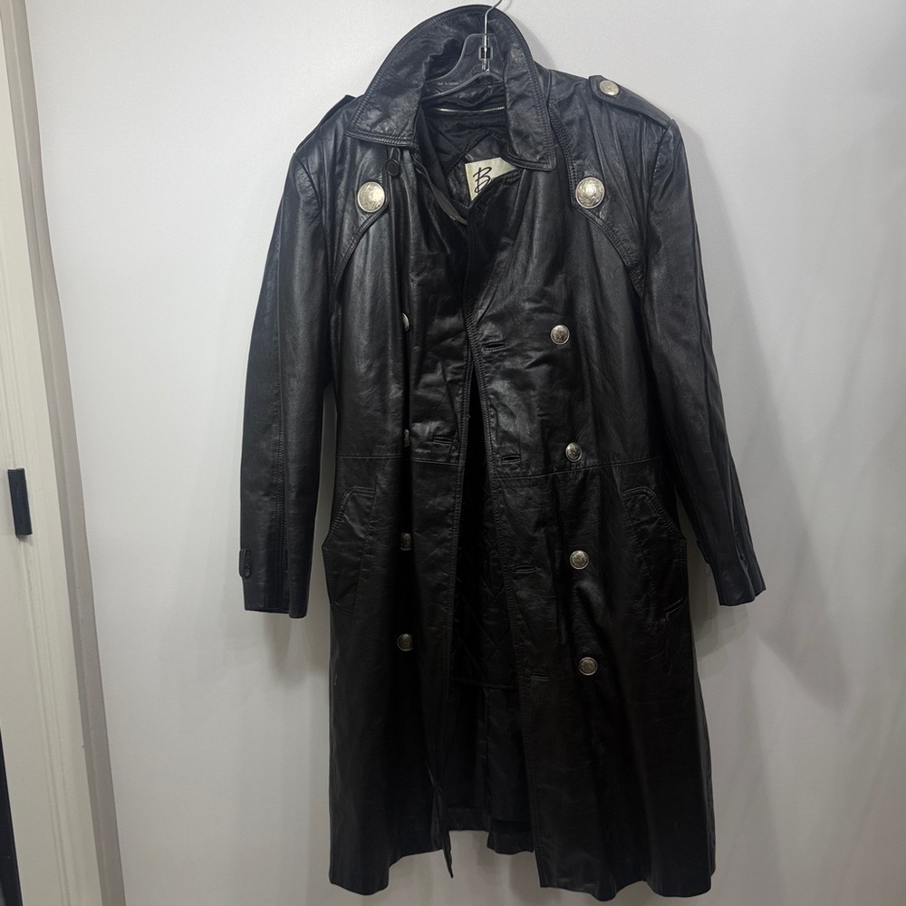 Berman’s Black leather long jacket Double Breasted Silver medallions Belted  38